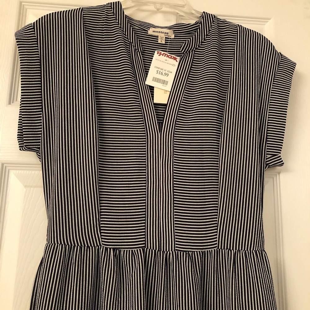 Monteau short sleeve dress, L, Black and white stripe